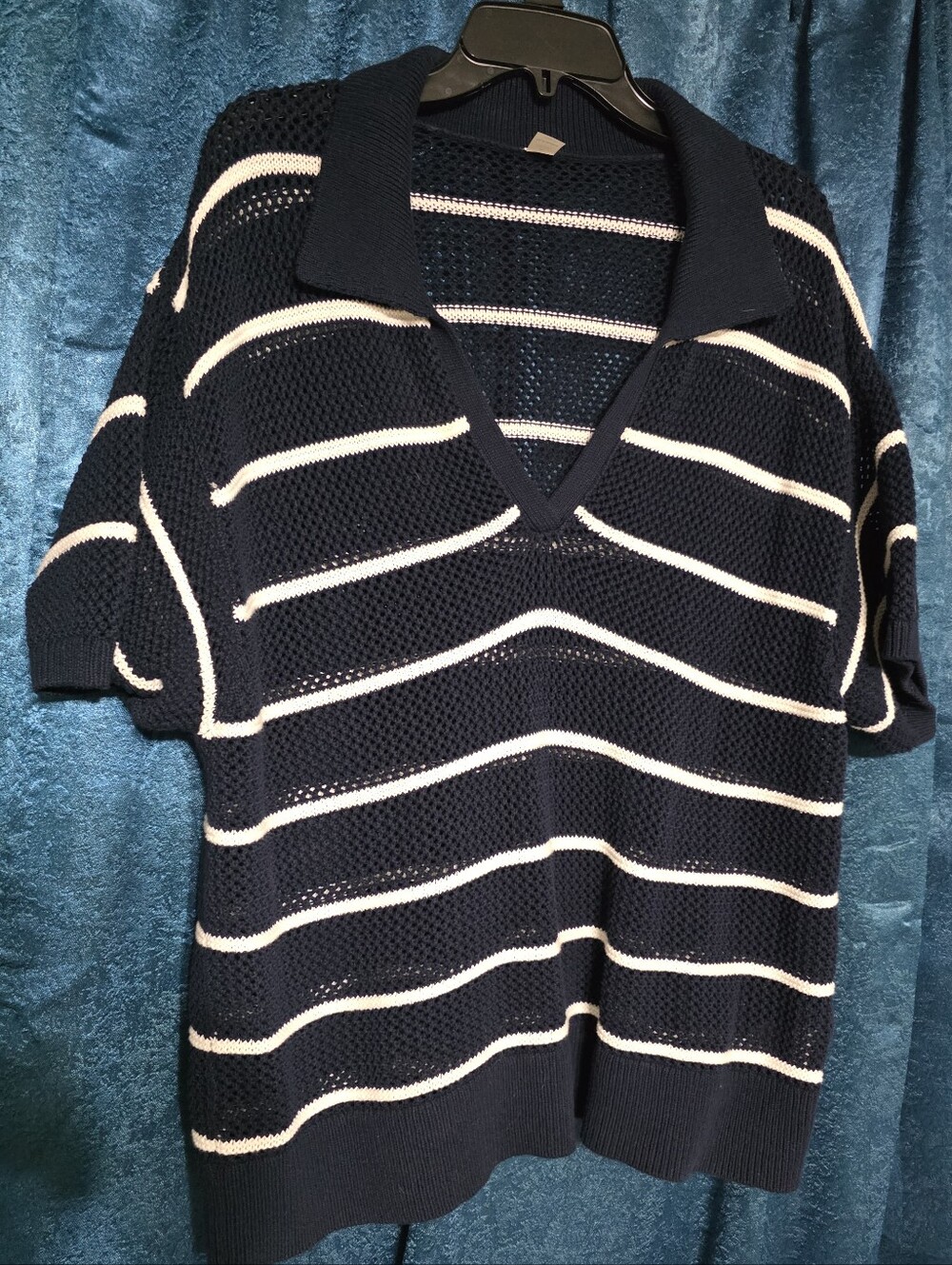 Old Navy Navy & White Striped Open-Knit Polo Sweater